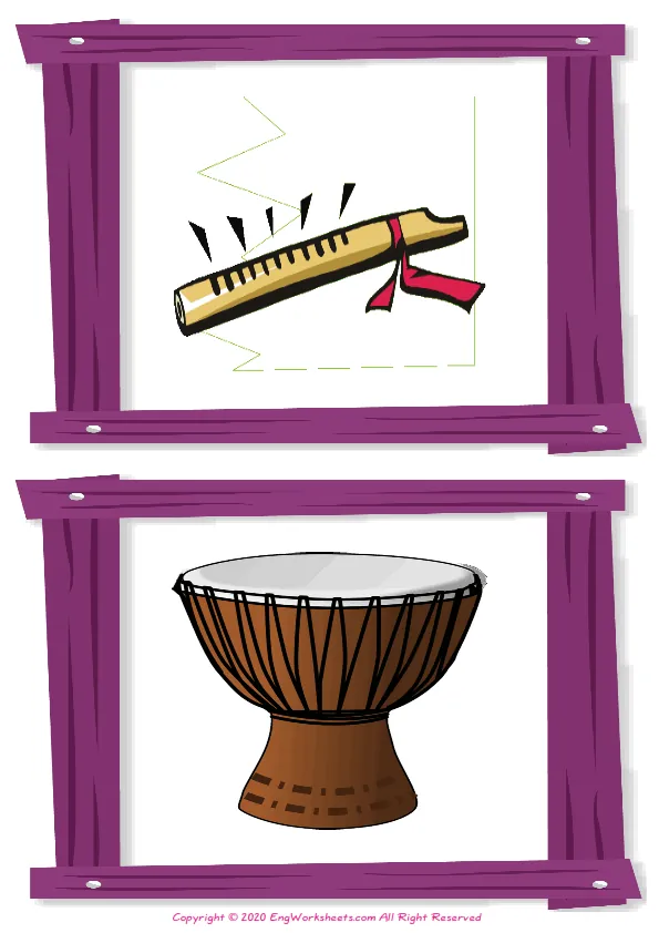 Wordless Musical Instruments vocabulary worksheet with two images per page Worksheet Preview