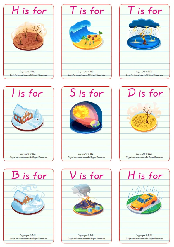 Wordless Natural Disasters vocabulary worksheet with nine images per page