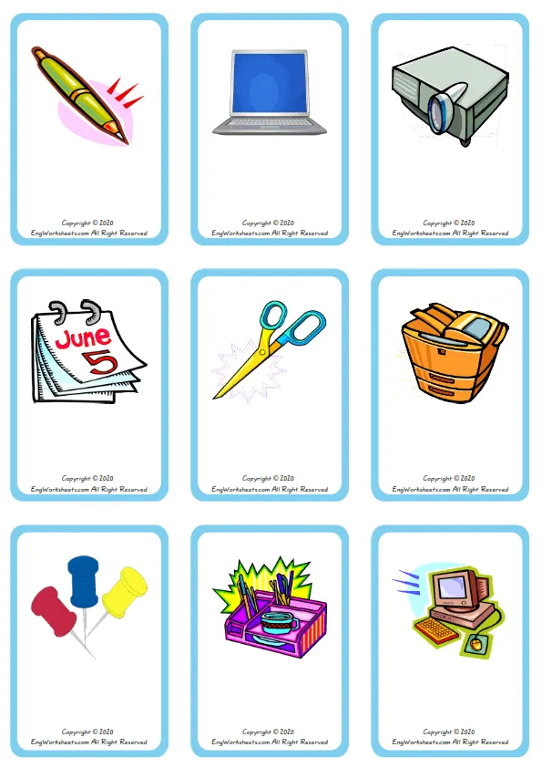 Wordless Office vocabulary worksheet with nine images per page Worksheet Preview