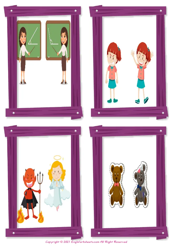 Wordless Opposites vocabulary worksheet with four images per page