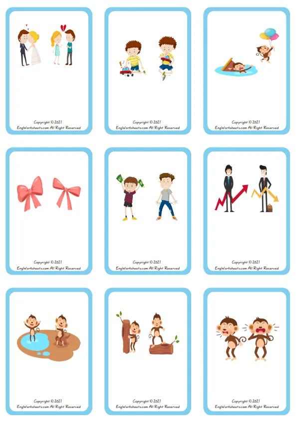 Wordless Opposites vocabulary worksheet with nine images per page