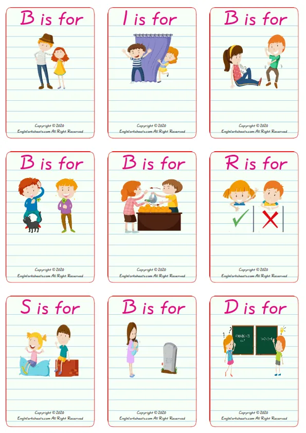 Wordless Opposites vocabulary worksheet with nine images per page