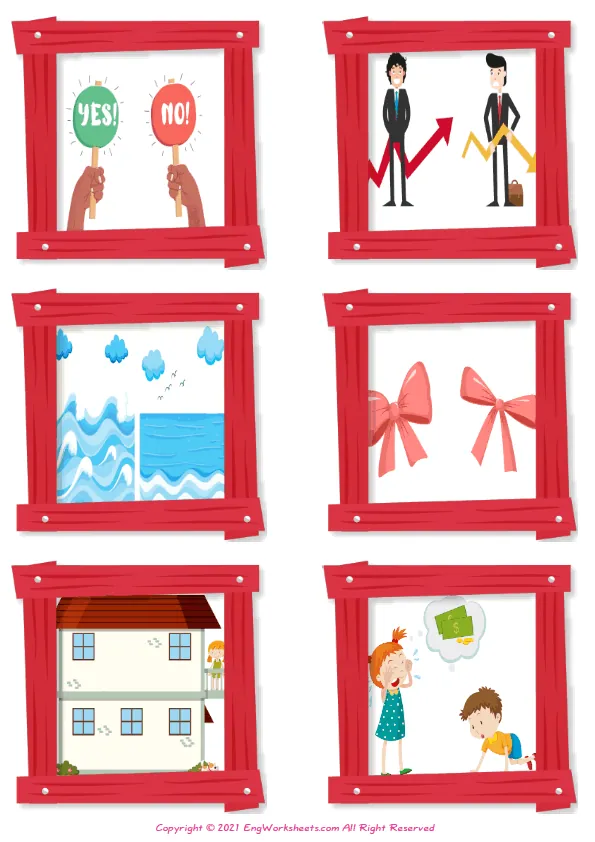 Wordless Opposites vocabulary worksheet with six images per page