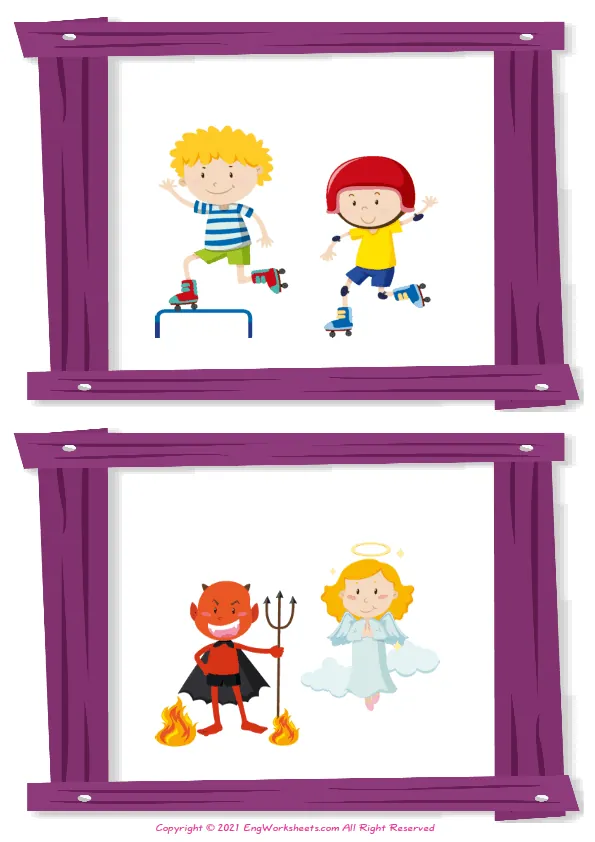 Wordless Opposites vocabulary worksheet with two images per page