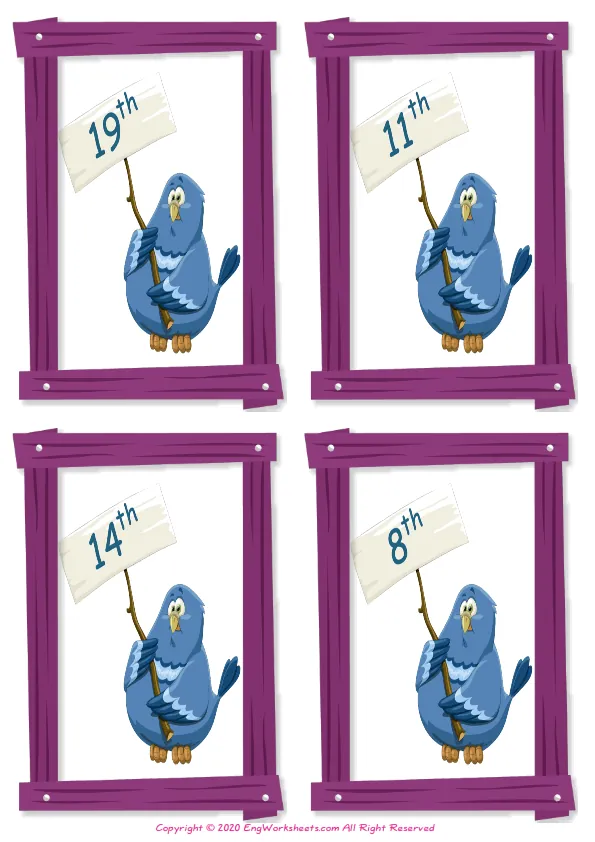 Wordless Ordinal Numbers vocabulary worksheet with four images per page