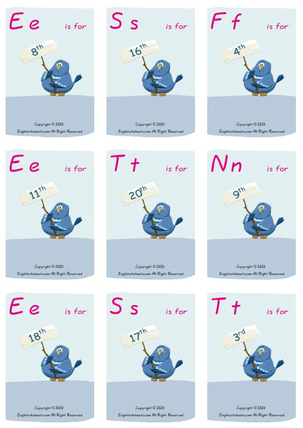 Wordless Ordinal Numbers vocabulary worksheet with nine images per page