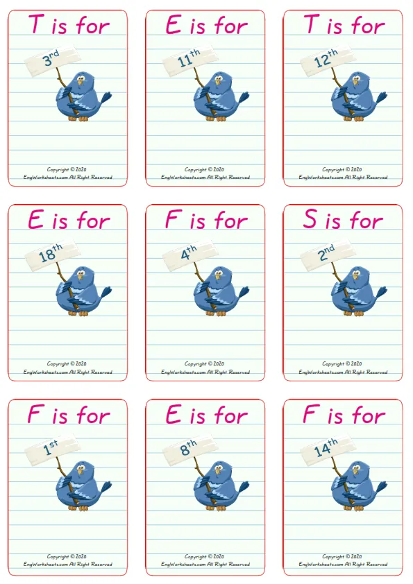 Wordless Ordinal Numbers vocabulary worksheet with nine images per page