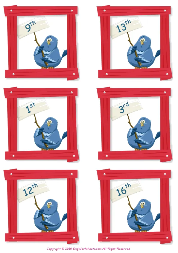 Wordless Ordinal Numbers vocabulary worksheet with six images per page