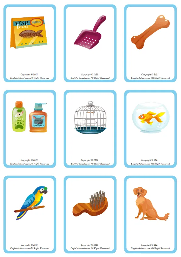 Wordless Pet Shop vocabulary worksheet with nine images per page