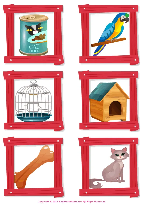 Wordless Pet Shop vocabulary worksheet with six images per page