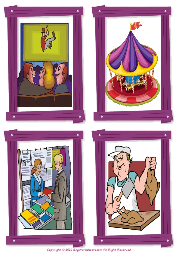 Wordless Places In A City vocabulary worksheet with four images per page