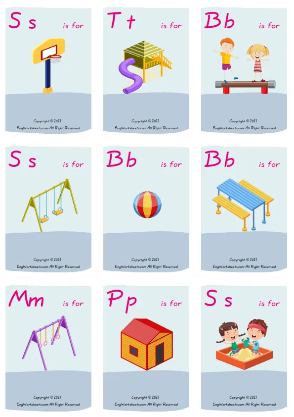 Wordless Playground vocabulary worksheet with nine images per page Worksheet Preview
