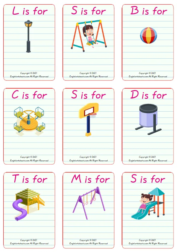 Wordless Playground vocabulary worksheet with nine images per page Worksheet Preview