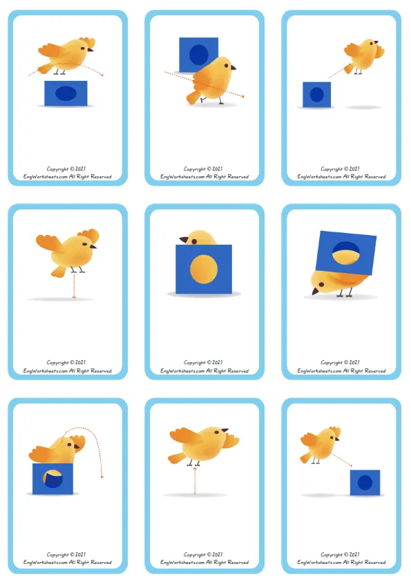 Wordless Prepositions vocabulary worksheet with nine images per page