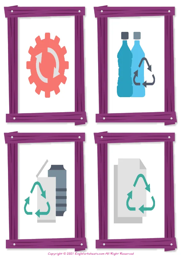 Wordless Recycling Energy vocabulary worksheet with four images per page Worksheet Preview