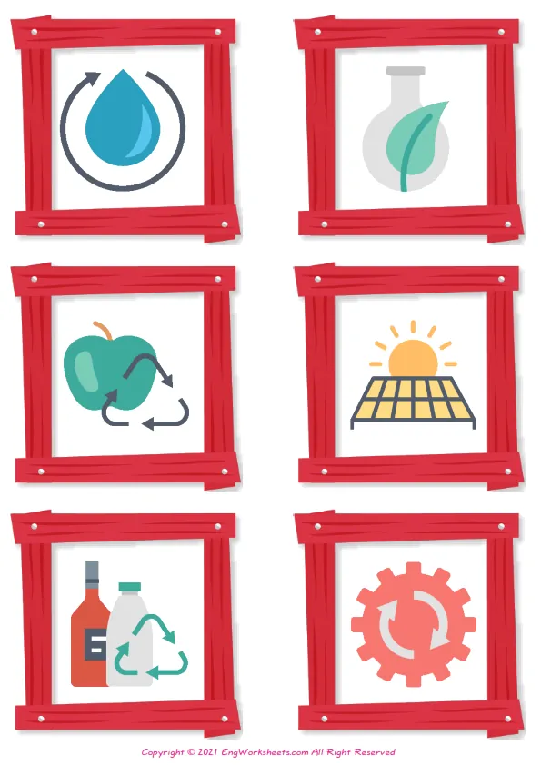 Wordless Recycling Energy vocabulary worksheet with six images per page Worksheet Preview