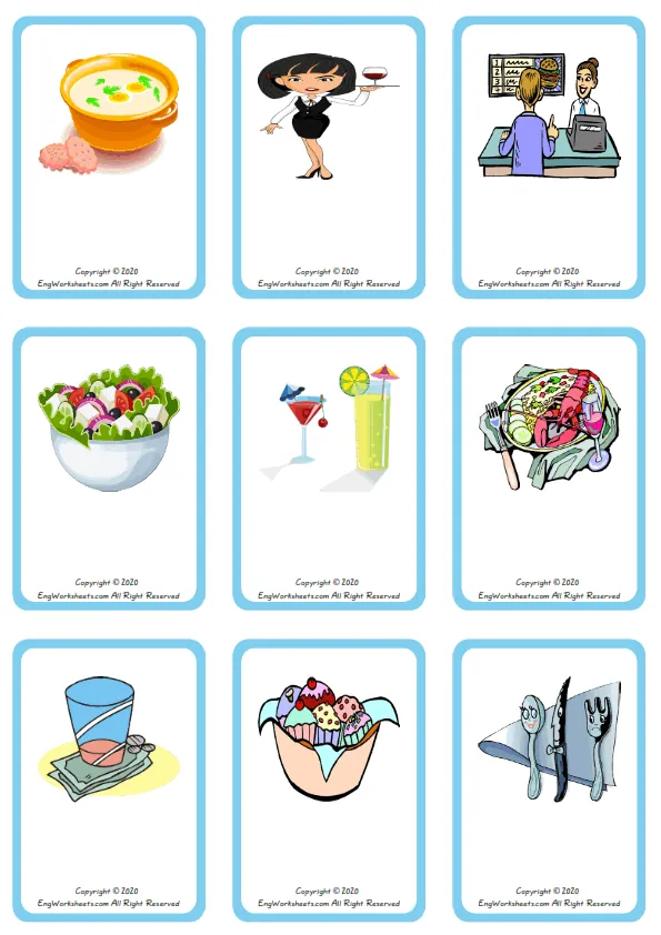 Wordless Restaurant vocabulary worksheet with nine images per page