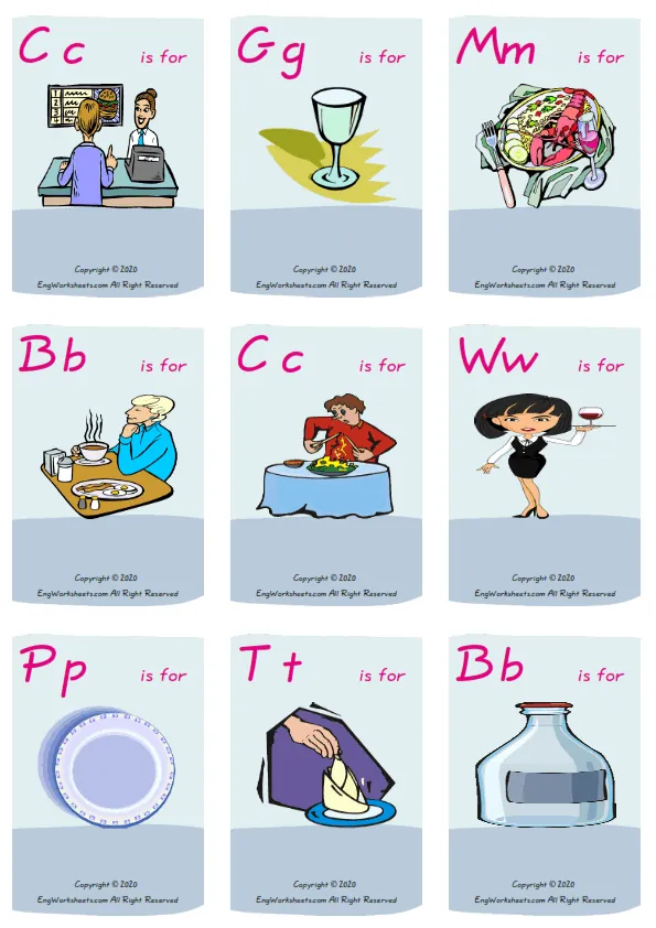 Wordless Restaurant vocabulary worksheet with nine images per page