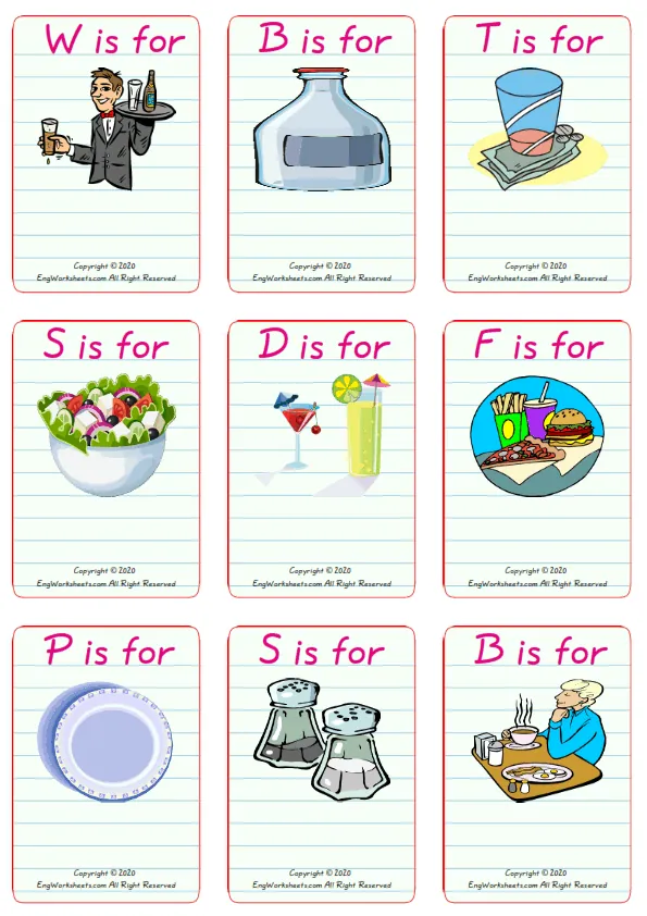 Wordless Restaurant vocabulary worksheet with nine images per page