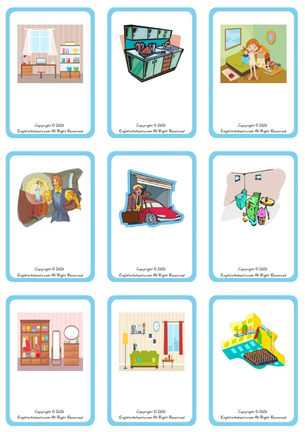 Wordless Rooms In The House vocabulary worksheet with nine images per page