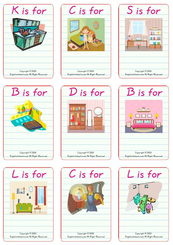 Wordless Rooms In The House vocabulary worksheet with nine images per page