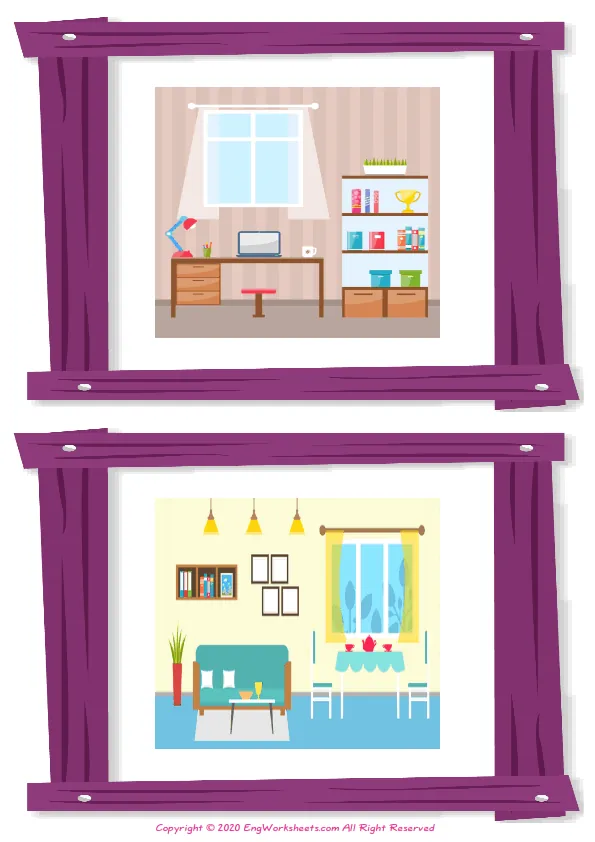 Wordless Rooms In The House vocabulary worksheet with two images per page