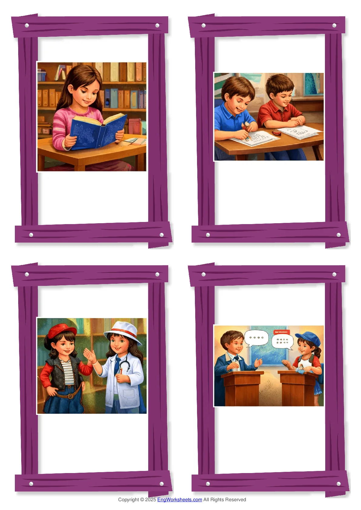 Wordless School Life (Activities) vocabulary worksheet with four images per page Worksheet Preview