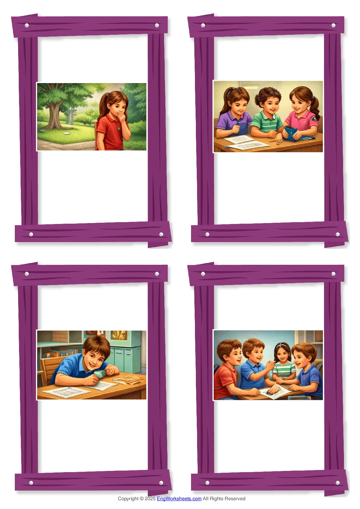 Wordless School Life (Mistakes & Misbehavior) vocabulary worksheet with four images per page Worksheet Preview