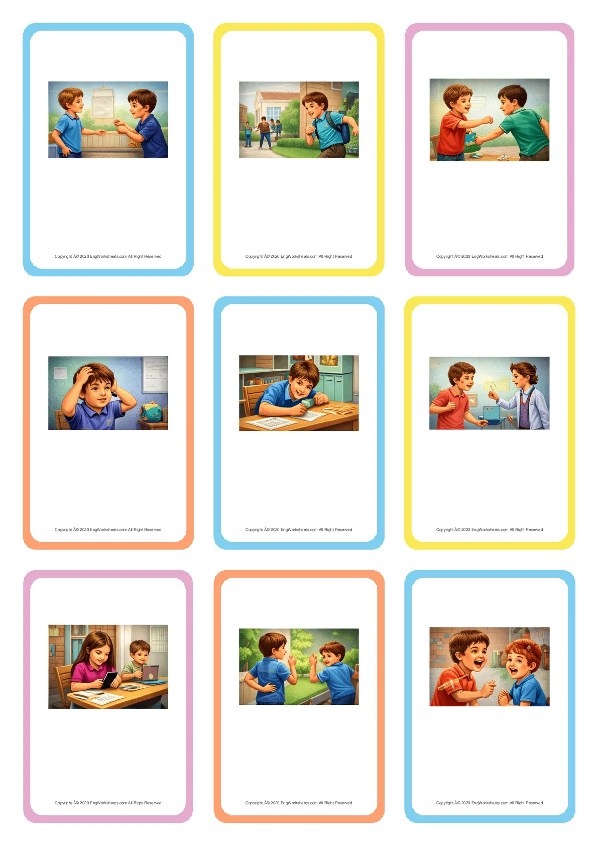 Wordless School Life (Mistakes & Misbehavior) vocabulary worksheet with nine images per page Worksheet Preview