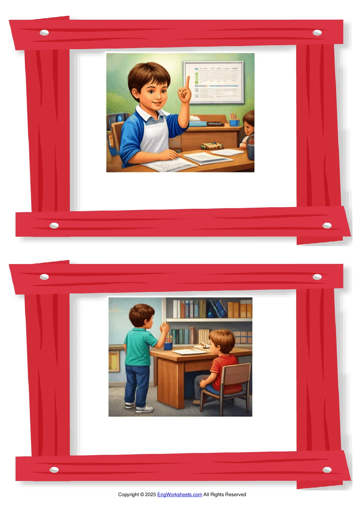 Wordless School Life (Rules & Expectations) vocabulary worksheet with two images per page Worksheet Preview