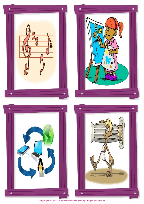 Wordless School Subjects vocabulary worksheet with four images per page Worksheet Preview