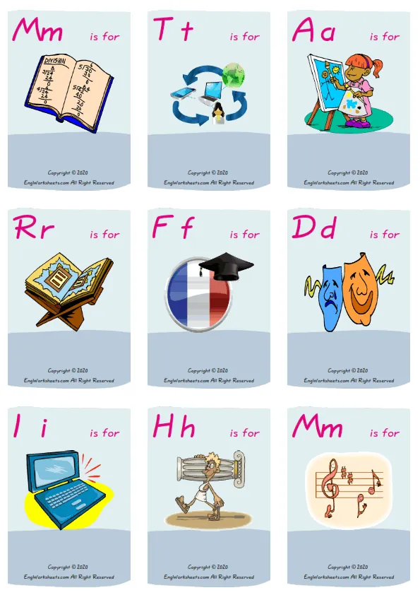 Wordless School Subjects vocabulary worksheet with nine images per page Worksheet Preview