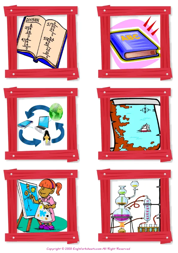Wordless School Subjects vocabulary worksheet with six images per page Worksheet Preview