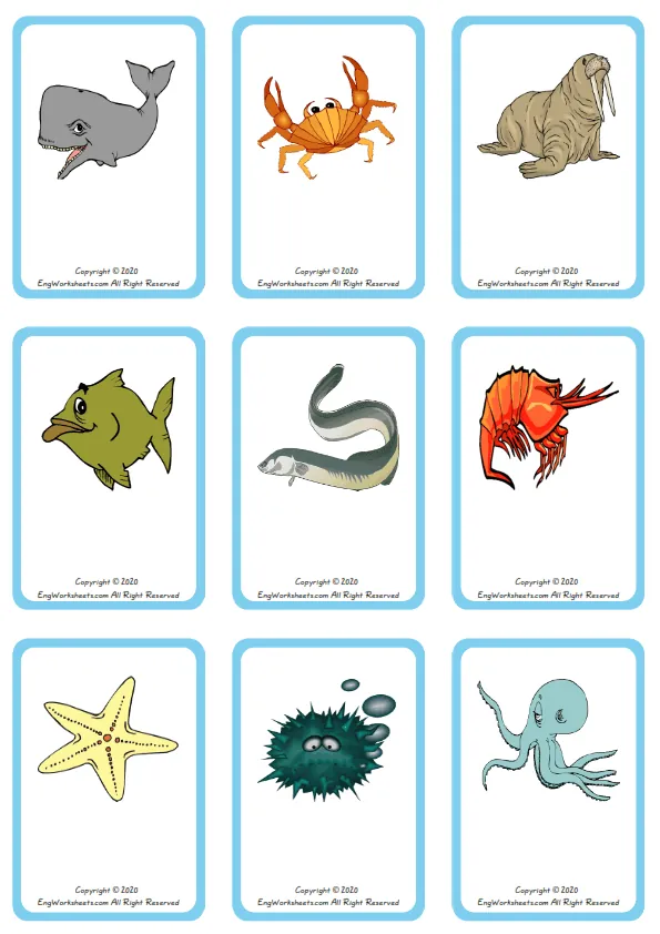 Wordless Sea Animals vocabulary worksheet with nine images per page