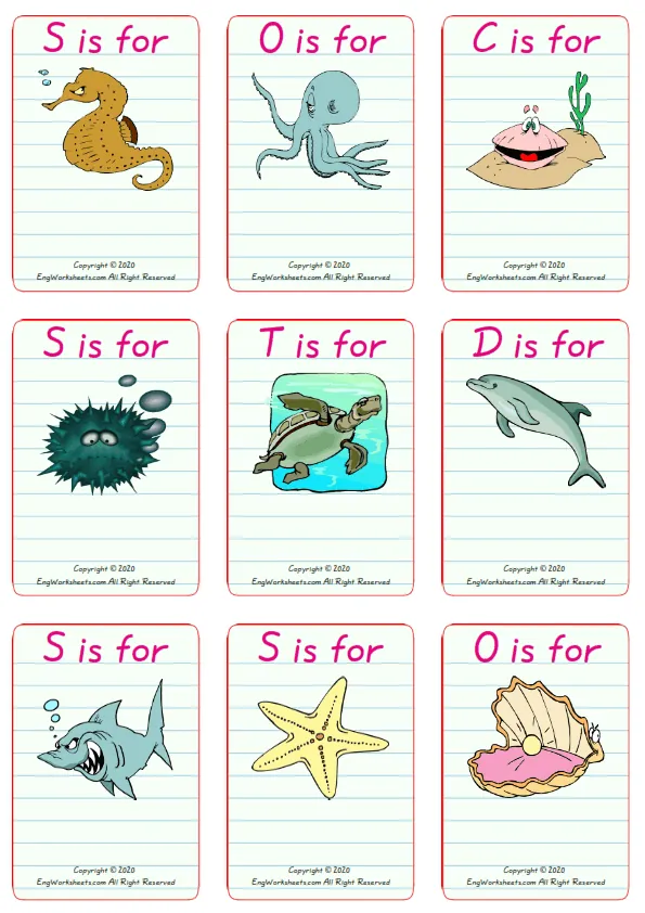 Wordless Sea Animals vocabulary worksheet with nine images per page