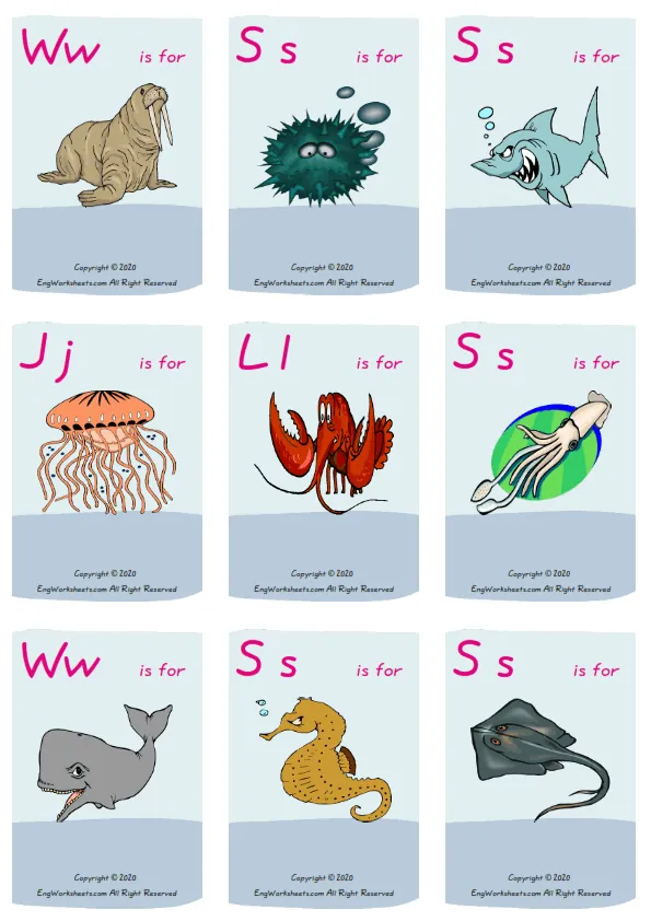Wordless Sea Animals vocabulary worksheet with nine images per page
