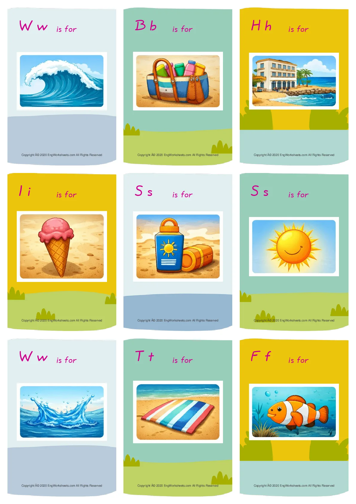 Wordless Seaside vocabulary worksheet with nine images per page Worksheet Preview