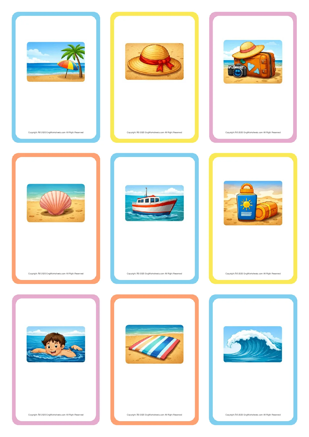 Wordless Seaside vocabulary worksheet with nine images per page Worksheet Preview