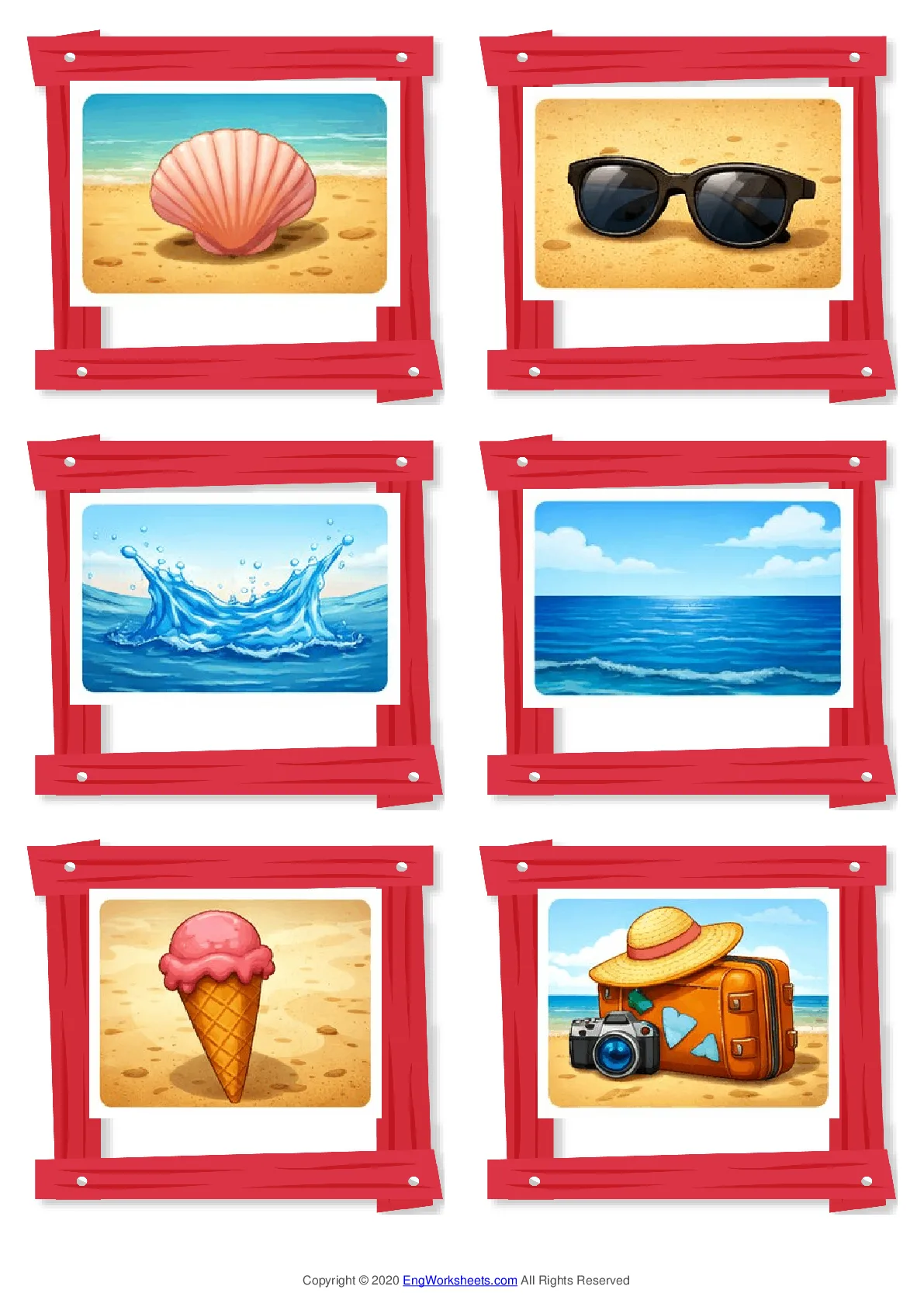 Wordless Seaside vocabulary worksheet with six images per page Worksheet Preview