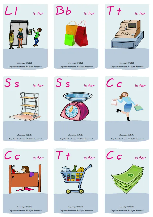 Wordless Shopping vocabulary worksheet with nine images per page