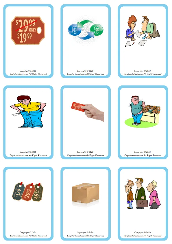 Wordless Shopping vocabulary worksheet with nine images per page Worksheet Preview