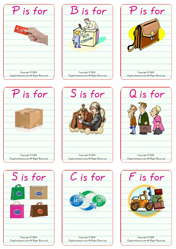 Wordless Shopping vocabulary worksheet with nine images per page Worksheet Preview