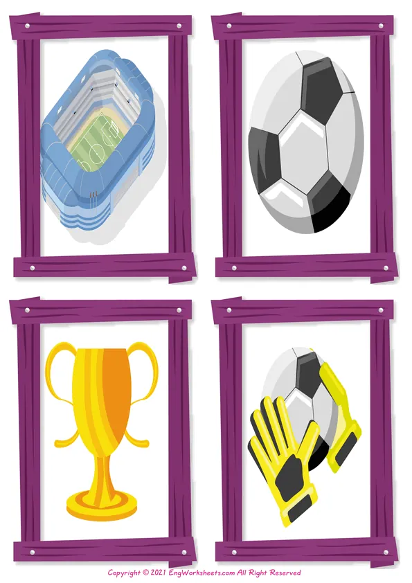 Soccer vocabulary worksheet with words, four images per page Worksheet Preview