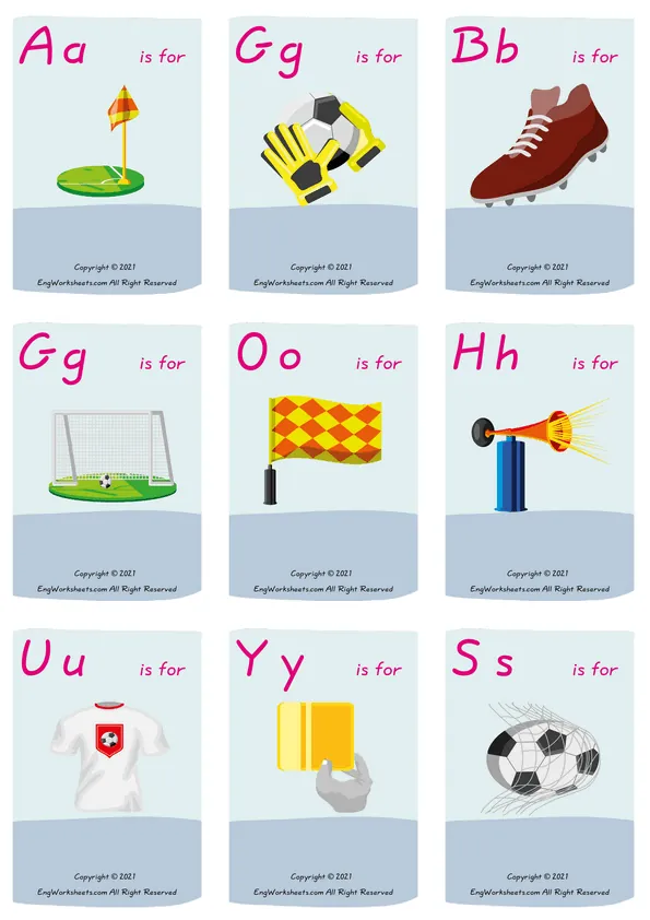 Wordless Soccer vocabulary worksheet with nine images per page Worksheet Preview