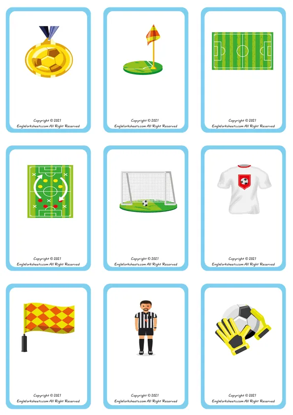 Wordless Soccer vocabulary worksheet with nine images per page Worksheet Preview