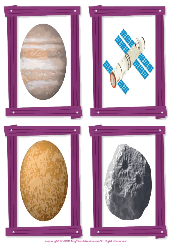 Wordless Space vocabulary worksheet with four images per page
