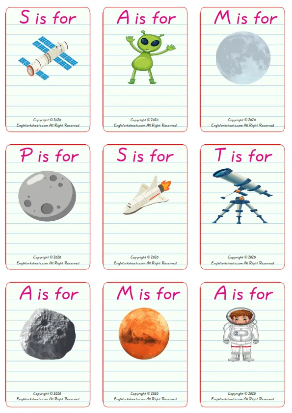 Wordless Space vocabulary worksheet with nine images per page Worksheet Preview