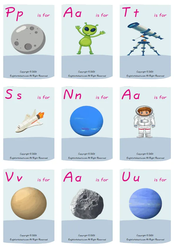 Wordless Space vocabulary worksheet with nine images per page