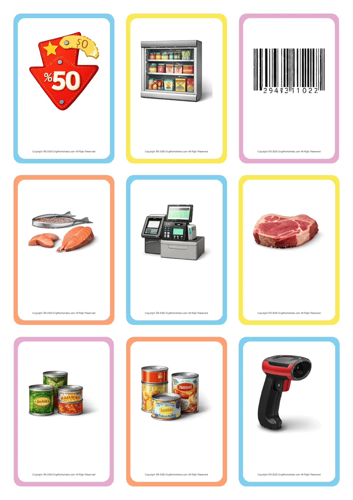 Wordless Supermarket vocabulary worksheet with nine images per page Worksheet Preview