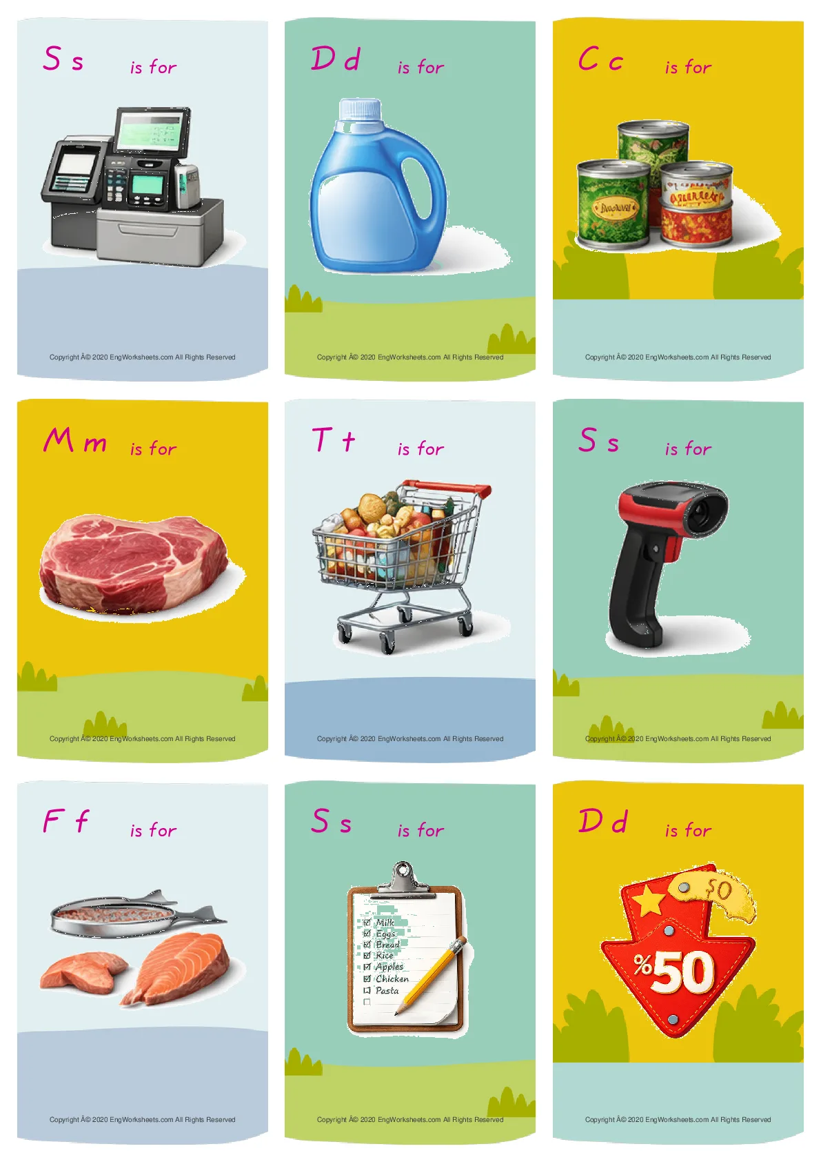 Wordless Supermarket vocabulary worksheet with nine images per page Worksheet Preview